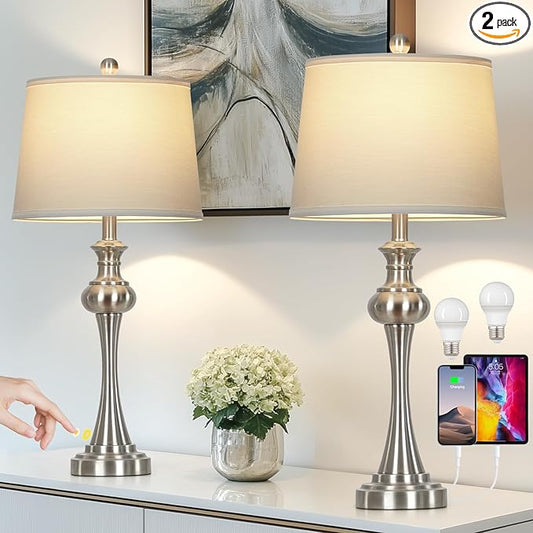 28.75"Silver Table Lamps Set of 2, 3 Way Touch Control Living Room Lamps with USB A+C Ports & Outlets , Modern Bedside Lamps, Elegant Metal Nightstand Lamps for Bedroom Office End Table Decoration - Bloomnest