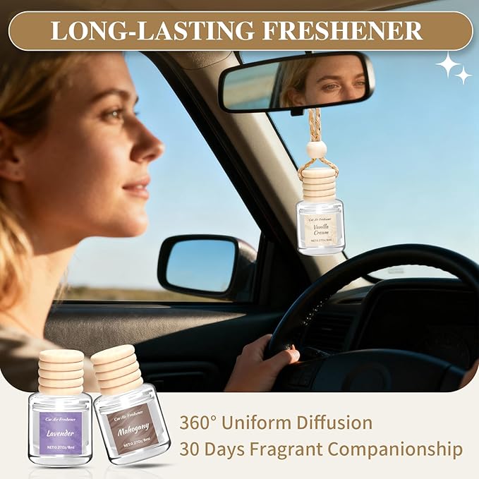 Car Air Freshener 6 Pack, Vanilla Cream,Mahogany & Lavender 3 Natural Scent, Long Lasting Essential Oil Fragrance Diffuser, Hanging Air Freshener Cute Car Accessories Interior for women - Bloomnest