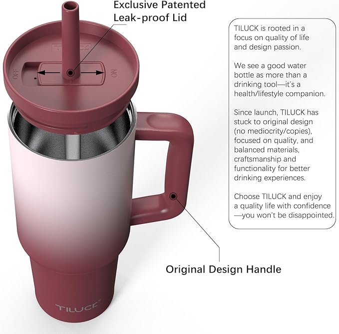 TILUCK 40 oz Tumbler with Handle, Vacuum Insulated Stainless Steel Travel Mug with 100% Leak-Proof Silicone Straw Lid, Cupholder Friendly Water Bottle(BurgundyGradient, 40oz)