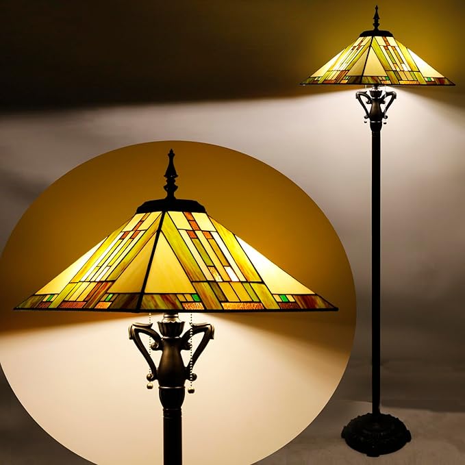 Tiffany Floor Lamp Blue White Brown Mission Style Stained Glass Standing Reading Light 16X16X64 Inch - Bloomnest