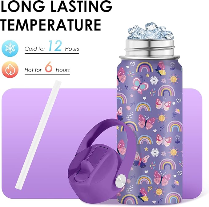 Butterfly Gifts - 16oz Purple Kids Water Bottle with Straw Lid, Stainless Steel Insulated Tumbler, Leakproof, BPA-Free, for Girls, School, Travel - Butterfly Rainbow Themed Birthday Gift Cup (1pc) - Bloomnest