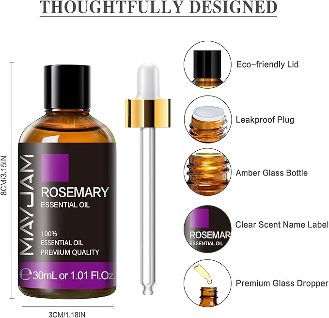 Rosemary Essential Oil 30ML/1.01FL.OZ, MAYJAM Premium Rosemary Oil Essential Oils with Glass Dropper, Great for Aromatherapy Diffuser and Candle Making - Bloomnest
