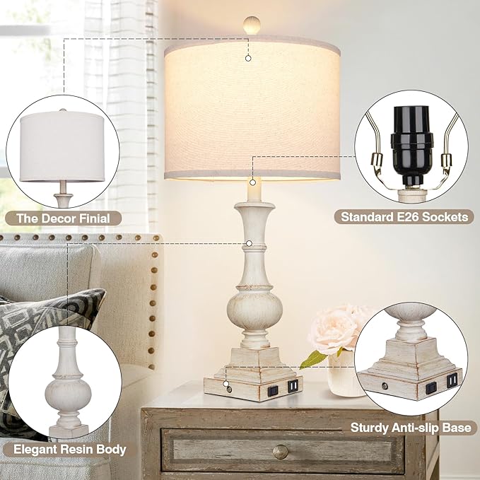 26" Farmhouse Table Lamps, Table Lamps For Living Room Set of 2 with USB A+C Ports & AC Outlet, Vintage Rustic Touch Control 3-Way Dimmable Boho Nightstand Lamp White Washed Resin for Bedroom Deocr - Bloomnest