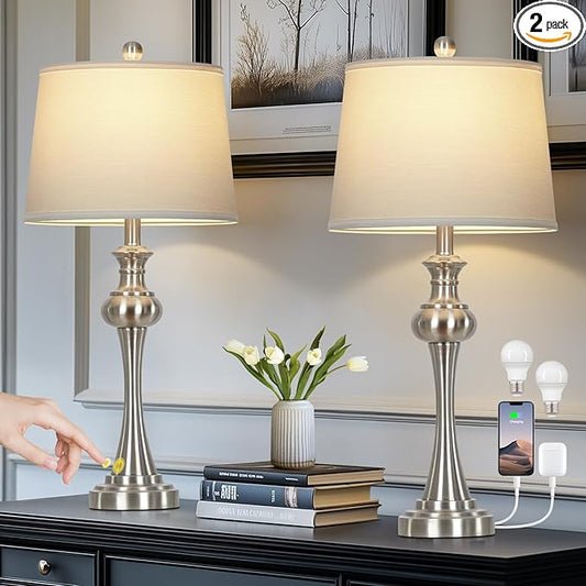28.75" Silver Table Lamps for Living Room,Touch Lamps for Bedrooms Set of 2 - Nightstand Table Lamp with USB C+A, 3 Way Dimmable Bedside Lamps End Tables Brushed Nickel - Bloomnest