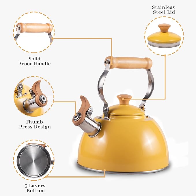ROCKURWOK Tea Kettle, Tea Pot with Cool Touch Ergonomic Handle, Teapot Food Grade Stainless Steel, Tea Kettle Stovetop, Kettle Teapot, Whistling Tea Kettle, Tea Pot, 2.7 Quart (Yellow) - Bloomnest