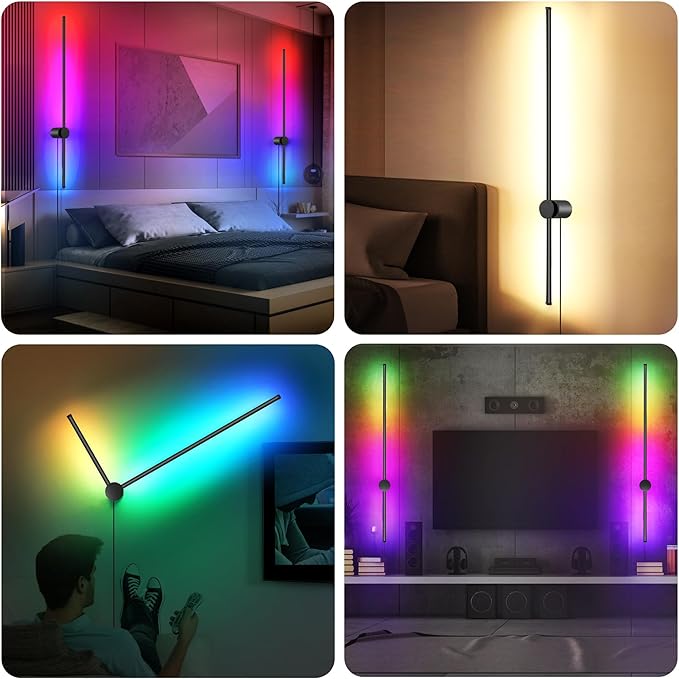 RGB LED Wall Sconces Set of Two with Remote, 15 Color Modes, Dimming, DIY 180° Rotate, Black Plug in Wall Sconces with Warm Light, Dynamic Multicolor Ambience Lights, Plug in Wall Light, 39.4 Inches - Bloomnest