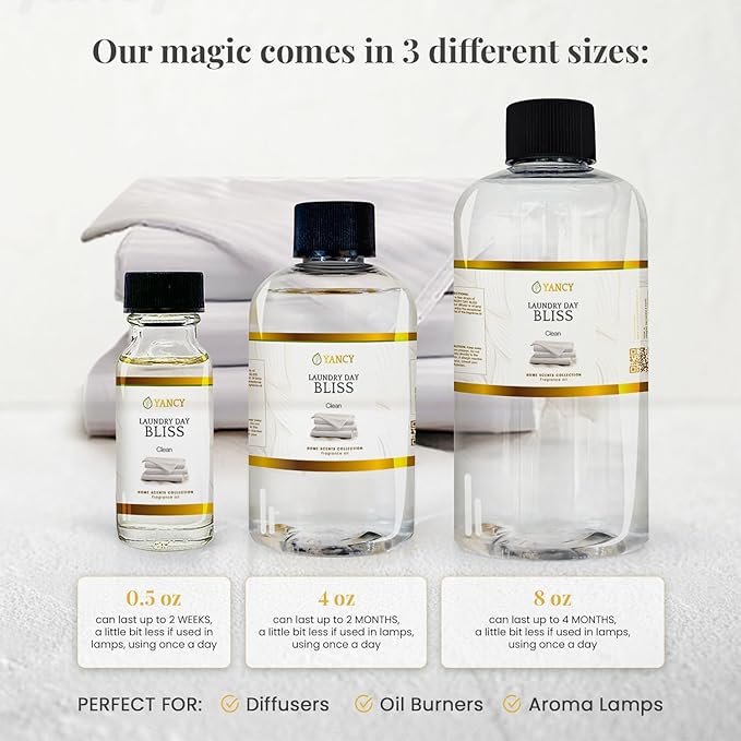 YANCY Laundry Day Bliss Home Collection Fragrance Oil (1/2 oz), Fresh Laundry-Inspired Scent, Clean Aroma for Diffusers, Oil Burners & Aroma Lamps, Crisp Scent for Daily Freshness YancySpa
