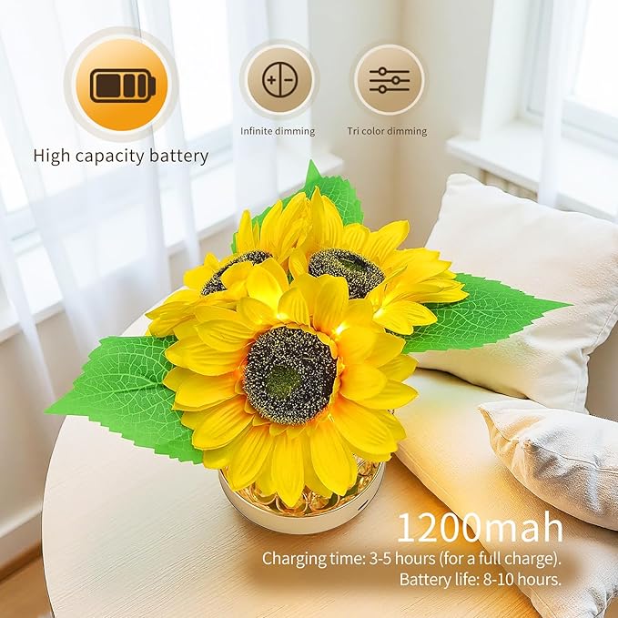 Flower Lamp with USB Charge,3-Colour Infinitely Dimmable Artificial Sunflower LED Table Lamp,Rechargeable Cordless Touch Small Night Light,Gift Ideas for Mothers Day,Xmas,Birthday (Sunflowers02) - Bloomnest