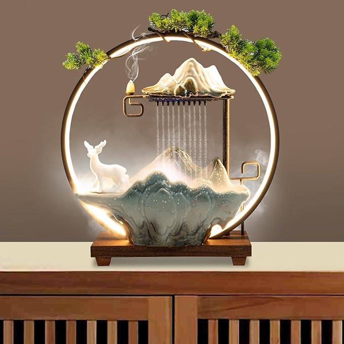 Waterfall Fountain with LED Light, Desktop Water Fountain with Mist Maker & Backflow Incense Burner, Green Ceramic Base with White Deer, Zen Indoor Fountain Decor for Home Office Desk