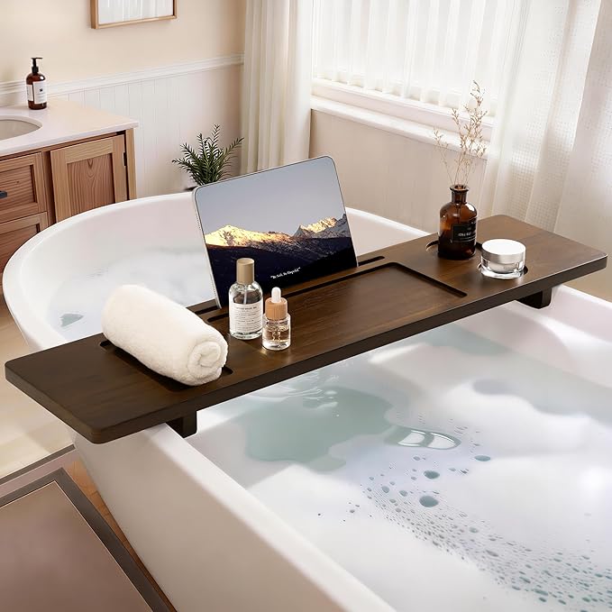 Teak Bathtub Tray - Wood Bath Caddy Tray 35" for Large Tubs - Adjustable Bathtub Table Trays - Luxury Shower Organizer for Home Spa Relaxation and Reading - Dark Walnut Color - Bloomnest
