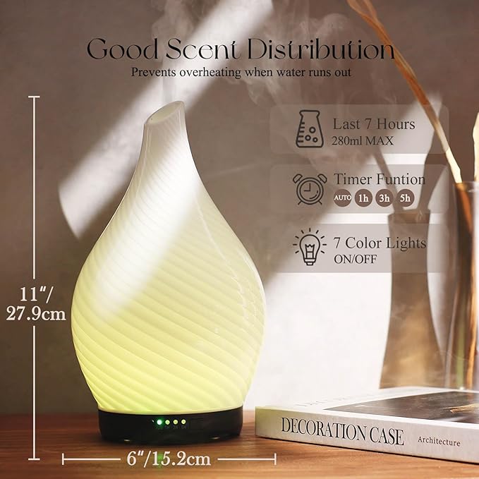 Porseme 280ml Essential Oil Diffuser Glass Color Changing Aroma Air Diffusers Aromatherapy Ultrasonic Cool Mist Humidifier 7 Running Hours Waterless Auto-Off for Sleeping Yoga Office Spa(Pure White) Porseme