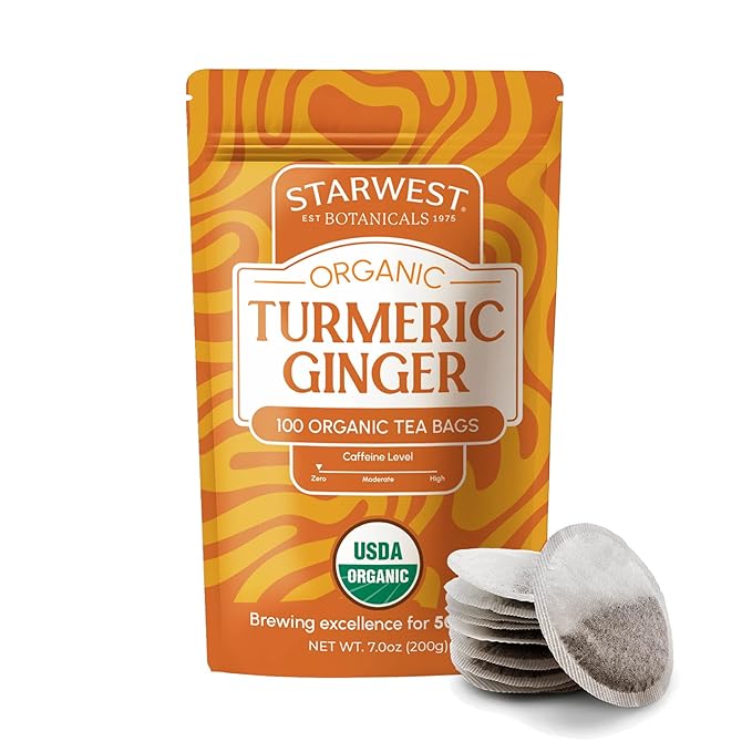 Starwest Botanicals Organic Turmeric Ginger Tea - Caffeine Free Herbal Tea with Turmeric, Cinnamon, & Ginger, Tea with Antioxidant Properties, String Free Sachets, Non GMO - Bulk Pack, 100 Tea Bags - Bloomnest