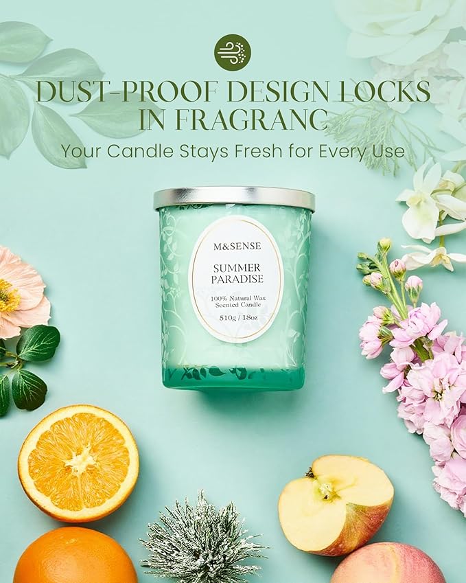 M&SENSE Summer Paradise Scented Candle, Cracking Wooden Wick Soy Wax, 18oz 100 Hours Long Lasting Clean Burn, Large Jar Candles for Home Decor, Non-Toxic Relaxing Aromatherapy Gifts for Women - Bloomnest