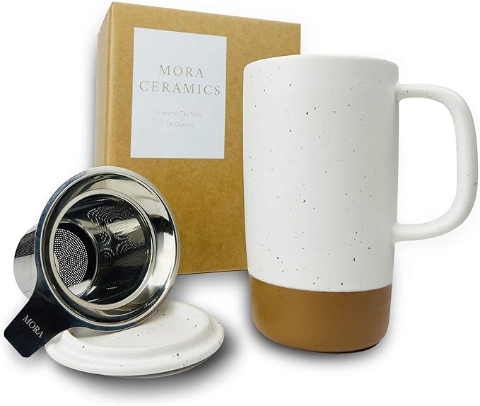 Mora Ceramics Large Tea Mug with Loose Leaf Infuser and Ceramic Lid, 18 oz, Portable, Microwave and Dishwasher Safe, Tall Coffee Cup - Rustic Matte Ceramic Glaze, Modern Herbal Tea Strainer, Cotton - Bloomnest