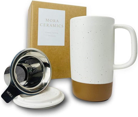 Mora Ceramics Large Tea Mug with Loose Leaf Infuser and Ceramic Lid, 18 oz, Portable, Microwave and Dishwasher Safe, Tall Coffee Cup - Rustic Matte Ceramic Glaze, Modern Herbal Tea Strainer, Cotton - Bloomnest