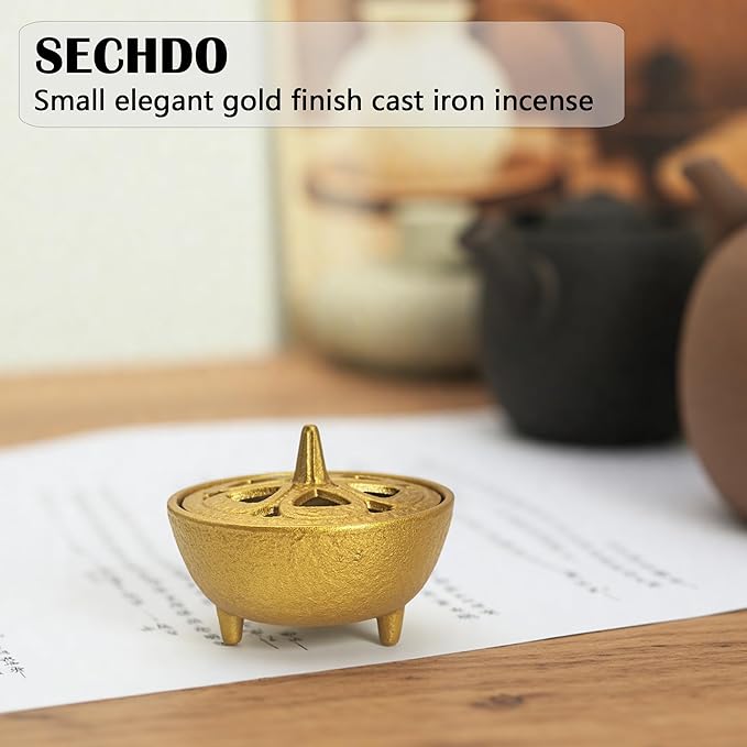 Small Cast Iron Incense Burner Holder, Home Decor, Bowl Design with Lid, Golden Incense for Sticks, Resin, Cone Incense or Wax Melts, Cense with Stand Base for Yoga, Spa, Room, Office - Bloomnest