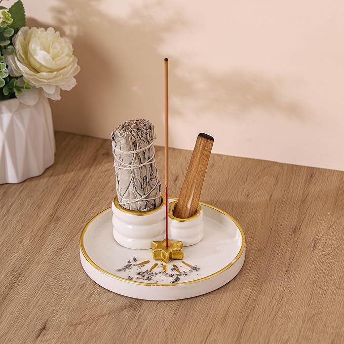 Ceramic Incense Holder Burner, Sage Holder for Burning, Palo Santo Sticks Holder, 5.51" Ash Catch Tray, Smudge Dish for Meditation Yoga, Modern Home Decor Gift - Bloomnest