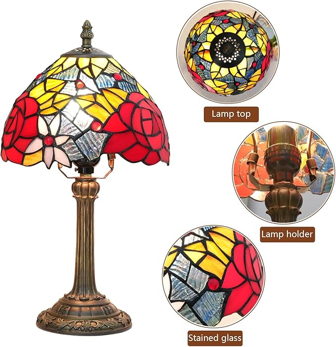 Tiffany Lamp Bedside Table Lamp-Nightstand,Stained Glass Lamp for Bedroom Dorm Living Kitchen, Aesthetic Cute Home Decor Gift (Rose) - Bloomnest