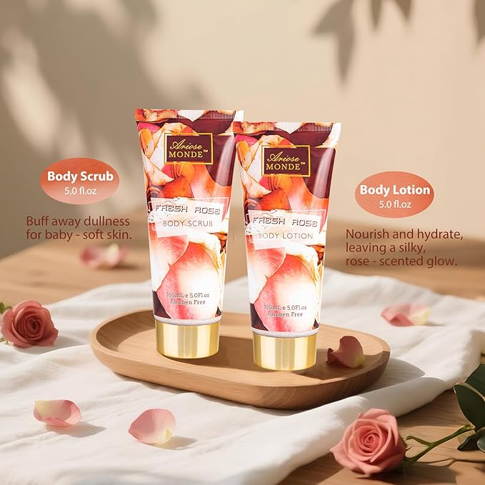 Fresh Rose Spa Gift Set for Women, 8-Piece Relaxing Bath Set with Shower Gel, Bubble Bath, Body Lotion, Self Care Gift for Any Occasion, Birthday Gifts for Women, Spa Kit for Mom Gifts - Bloomnest