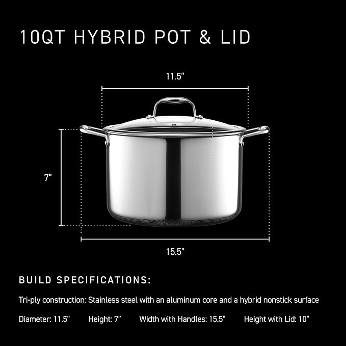 HexClad Hybrid Nonstick 10-Quart Stockpot with Tempered Glass Lid, Stay-Cool Handles, Dishwasher-Friendly, Oven-Safe Up to 900°F, Induction Ready, Compatible with All Cooktops - Bloomnest