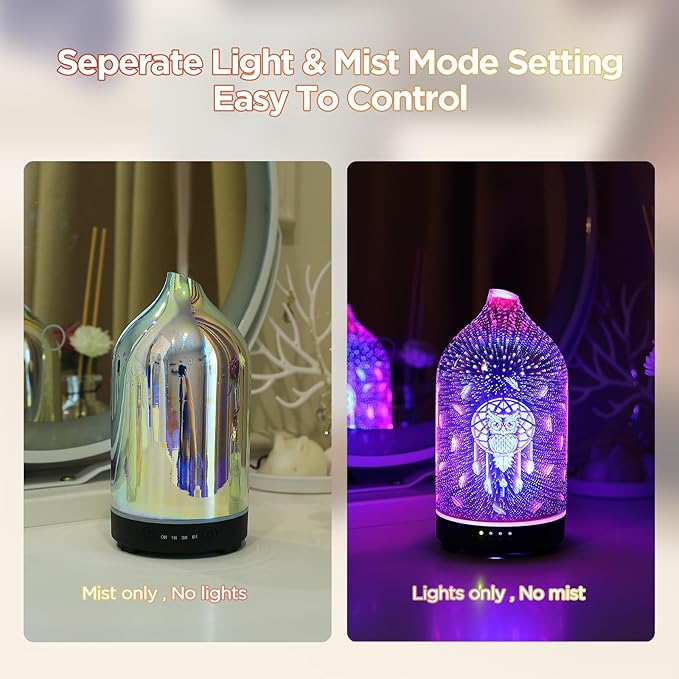 3D Glass owl Aromatherapy Diffuser 160ml ultrasonic Cool Mist Scent Aroma Essential Oil Diffuser Humidifier with Intermittent Mist & LED 7 Colorful Changing Night Light for Bedroom Home inrorans