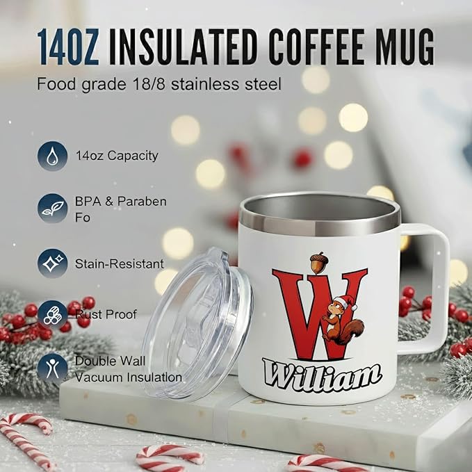 JugJug Personalized Christmas Squirrel Mug with Initial & Name - Cute 12oz Insulated Coffee Cup with Lid - Holiday Xmas Gifts for Kids, Girls (B171) - Bloomnest