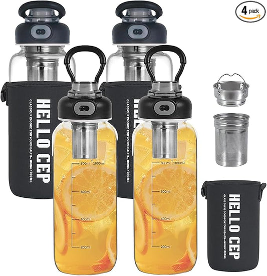 34oz Glass Water Bottle with capacity Mark & Stainless Steel Tea Strainer-Large Capacity for Hot/Cold Drinks,Coffee,Tea,and Water-Includes Protective Sleeve,Perfect for Home,Office (34oz4PCS) - Bloomnest