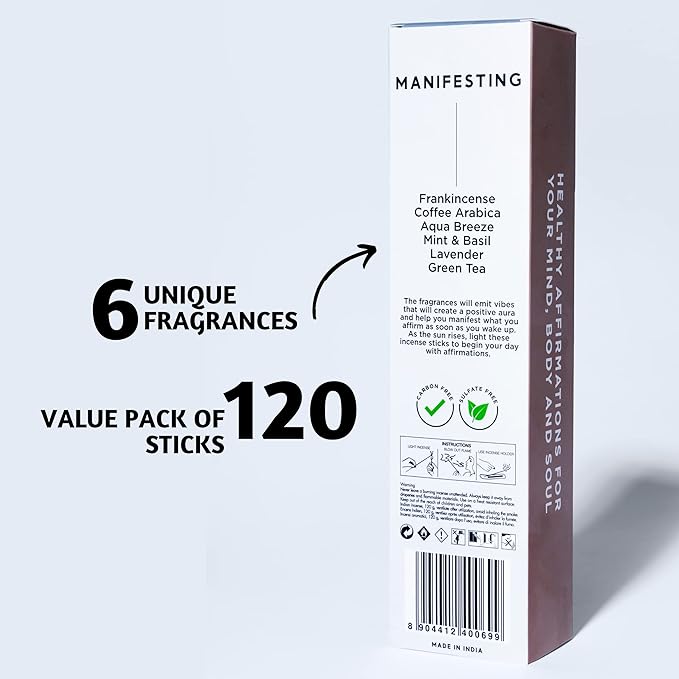 Folkulture Incense Sticks (120 Sticks) | Set of 6 Premium Incense For Manifesting, Aromatherapy, Gifts | No Charcoal,Organic, Non Toxic, 45 Mins, Long Burning Frankincense, Coffee, Mint Insence-Sticks FOLKULTURE