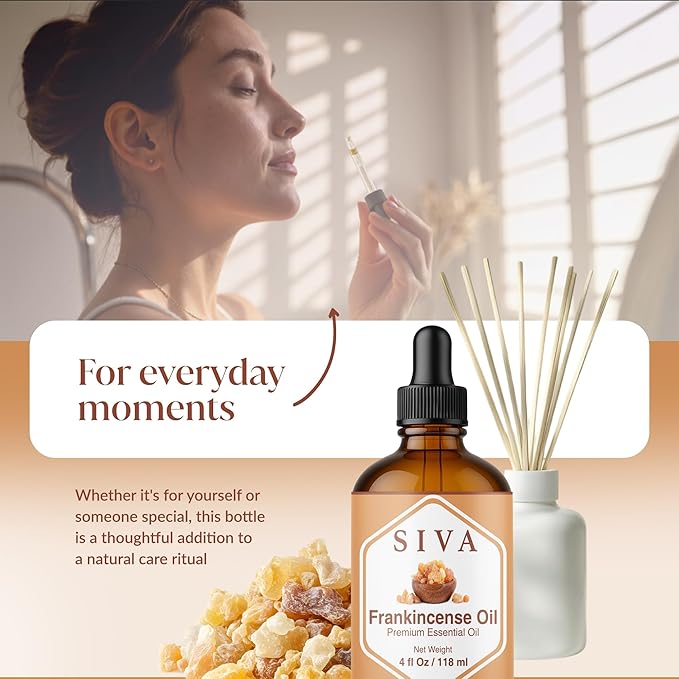 Siva Frankincense Essential Oil - 4 Fl Oz – 100% Natural Boswellia Serrata Oil - for Diffuser, Face, Skin Care, Aromatherapy, Hair Care, Scalp and Body Massage - with Dropper - Bloomnest