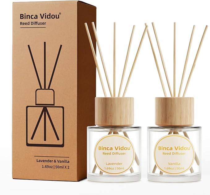 Reed Diffuser Set, Binca Vidou Lavender & Vanilla Natural Scent Oil Diffusers with Sticks for Home Office Bathroom Aromatherapy Decor 1.69oz x 2 - Bloomnest
