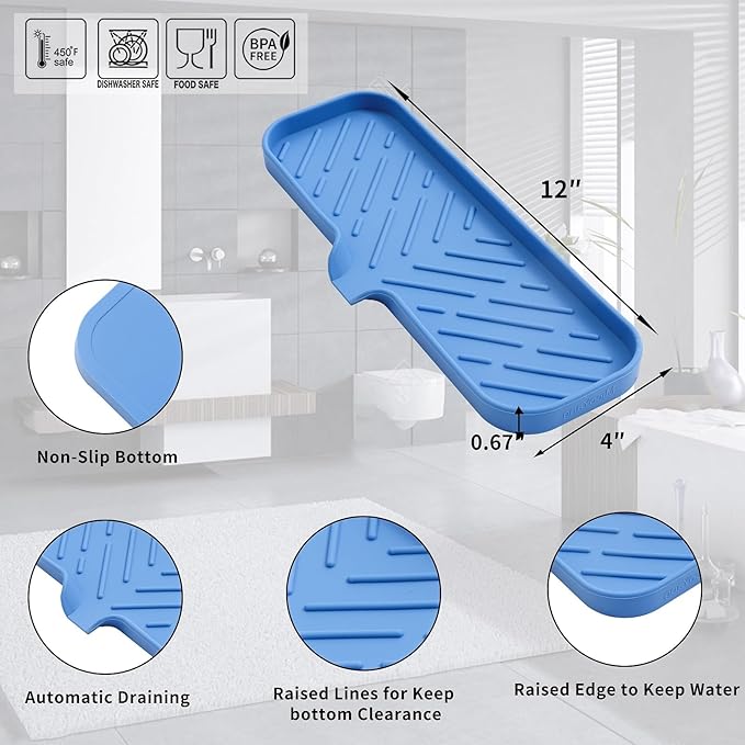Silicone Bathroom Soap Dishes with Drain Spout-Bathroom and Kitchen Sink Organizer,Sponge Holder,Dish Soap Tray,Perfect for Dispenser,Scrubber,Bottle,Cup on Sink or Counter-Lichen Blue 12"×4" - Bloomnest