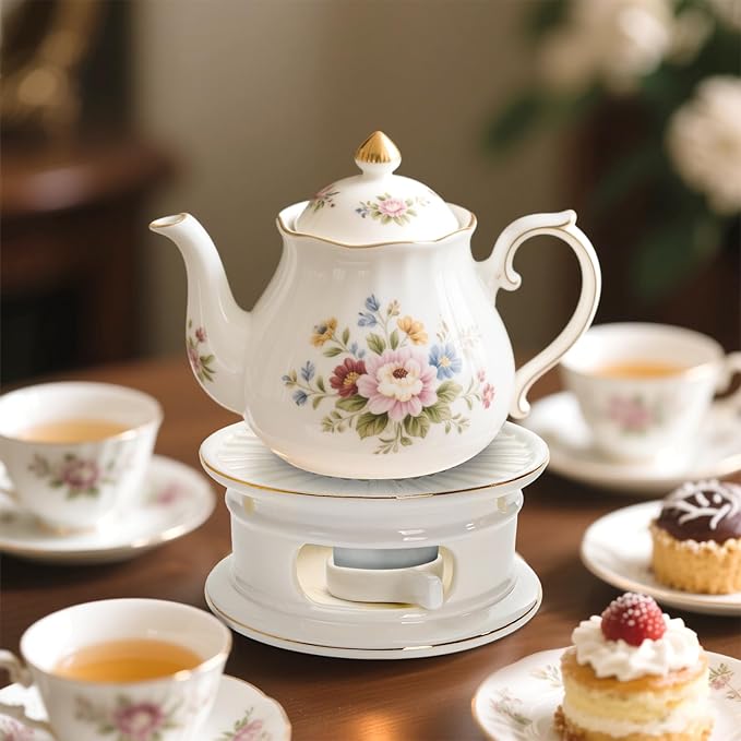 Ceramic Teapot Warmer, Gold Rim Teapot Heater with Candle Holder, White Porcelain Tea Kettle Holder Warming Base for Heating Coffee, Milk, Water, Soup