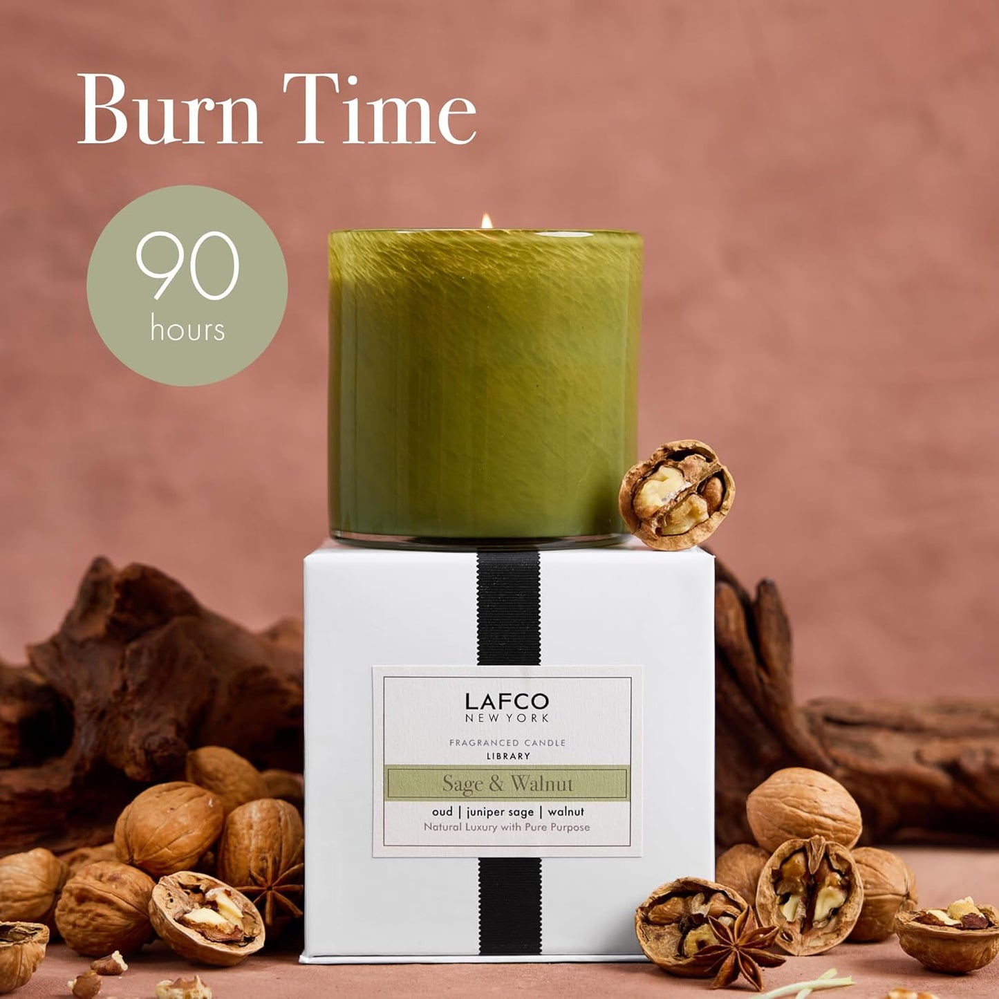 LAFCO New York Signature Candle, Sage & Walnut - 15.5 oz - 90-Hour Burn Time - Reusable, Hand Blown Glass Vessel - Made in The USA