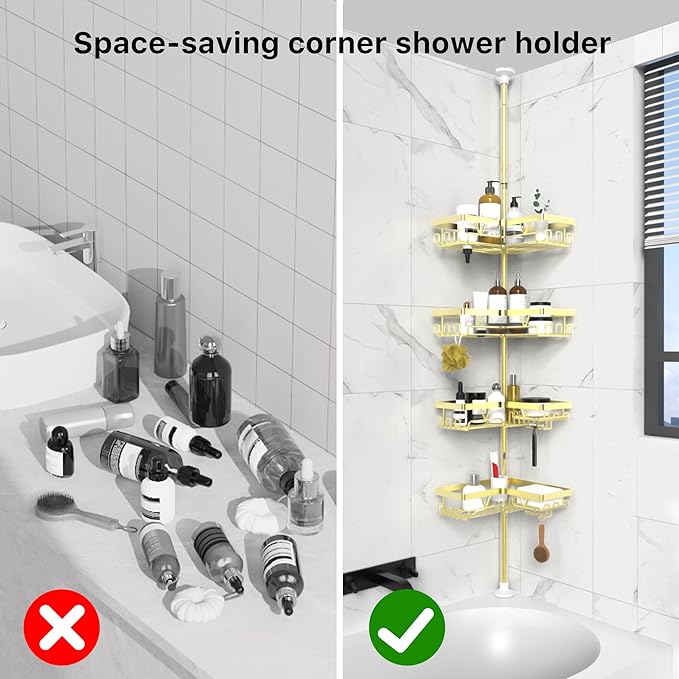 KEGII Corner Gold Shower Caddy Tension Pole - 4-Tier Rustproof Shower Rod Organizer, Floor to Ceiling Tension Rod 25-114.2 inch, Stainless Steel Corner Shower Shelf, Waterproof - Bloomnest