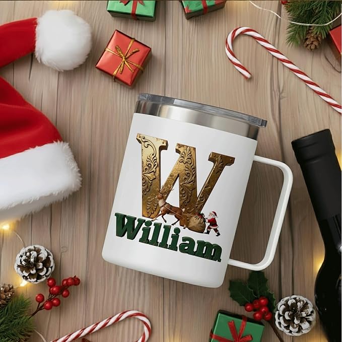 Personalized Christmas Insulated Coffee Mug with Handle, Custom Initial Name, Reindeer Santa Design, Stainless Steel Tumbler for Hot & Cold Drinks, Unique Holiday Gift for Men, Women, Kids (B126) - Bloomnest