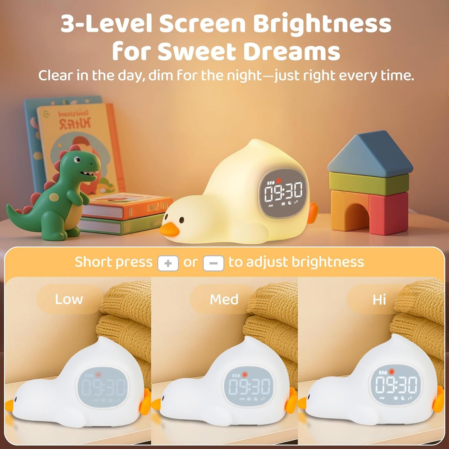 Laying Duck Alarm Clock with Night Light for Kids with Sleep Training and Sound Machine, Rechargeable Silicone Lamp OK to Wake Clock，Cute Animal Tabletop Lamp, Perfect Sleep Companion for Boys Girls