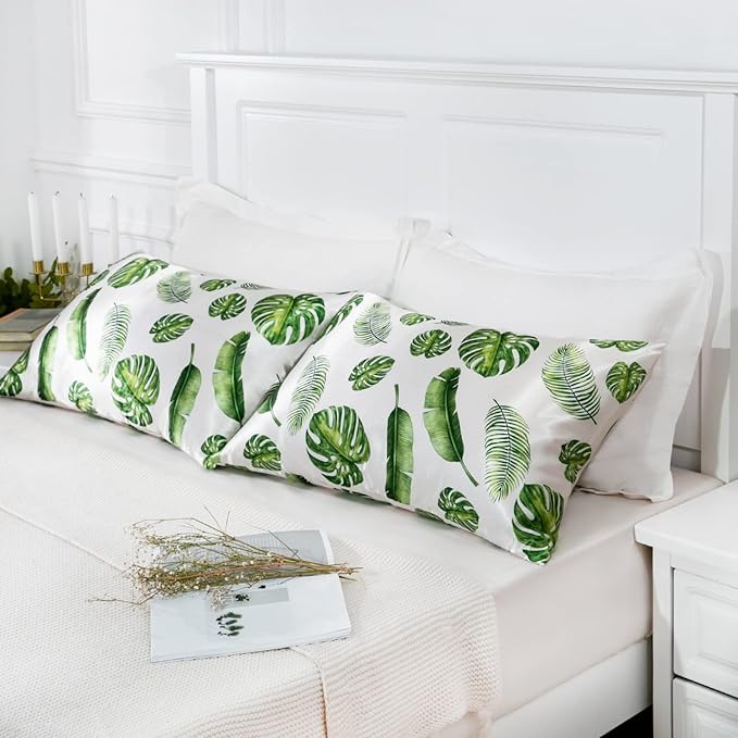 MR&HM Satin Pillowcase for Hair and Skin, Silk Satin Pillowcase 2 Pack, King Size Pillow Cases Set of 2, Silky Pillow Cover with Envelope Closure (20x36, Leaves) - Bloomnest