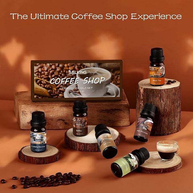 SALKING Coffee Shop Fragrance Oils Set, Premium Essential Oils Set for Diffuser, Scented Oil for Soap & Candle Making - Blueberry Pancakes, Coffee, Café Latte, Hot Chocolate, French Vanilla, Black Tea - Bloomnest
