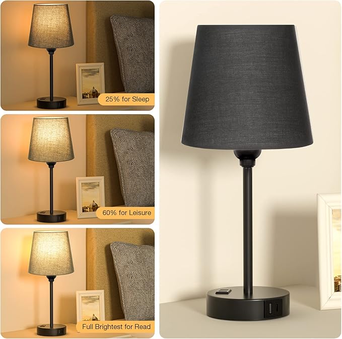 Acaxin Black Lamp for bedrooms Set of 2 - Nightstand Bedroom Lamp with USB C Port and AC Outlet Charging, 3 Way Dimmable Touch Control Bed Side Table Lamp, Small Night Stand Light for Men/Kids - Bloomnest