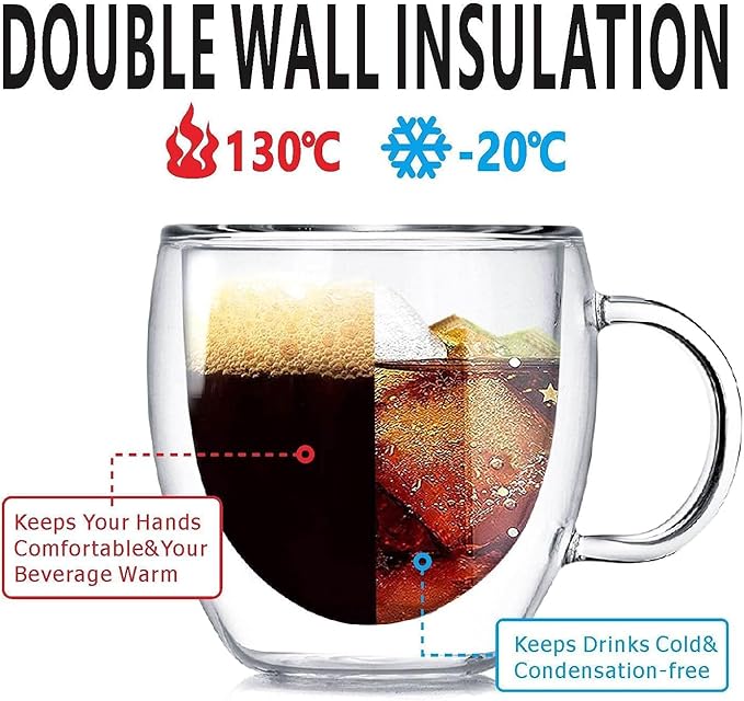 Espresso Cups Set Of 2 5 Oz, Double Walled Glass Coffee Mugs with Handle,Insulated Layer Coffee Cups,Clear Borosilicate Glass Mugs,Perfect for Cappuccino,Tea,Latte,Espresso,Hot Beverage,Wine - Bloomnest