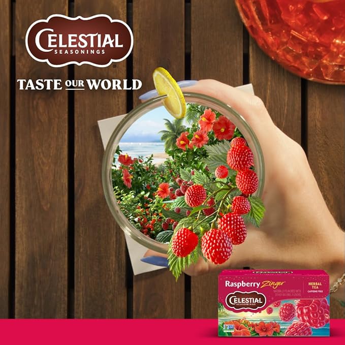 Celestial Seasonings Raspberry Zinger Herbal Tea, Caffeine Free, 20 Tea Bags Box - Bloomnest