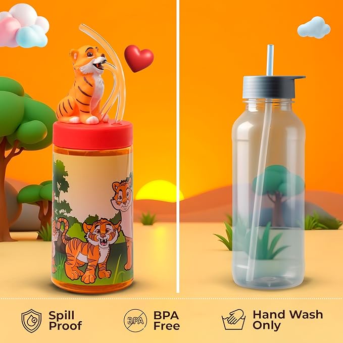 Kids Water Bottle, Toddler Cups, Tumbler with Lid and Straw, Travel Sippy Cup for Water or Milk, Kids Cups with Lids for Toddlers 3 and Up, BPA Free Plastic, 12 oz (Zoo Bengal Tiger) - Bloomnest