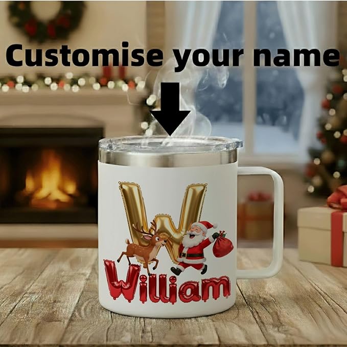 Personalized Christmas Insulated Coffee Mug with Handle – Custom Gold Balloon Initial Letter [S] Double Wall Stainless Steel Travel Tumbler – Unique Holiday Gift for Men, Women, & Kids(B114) - Bloomnest