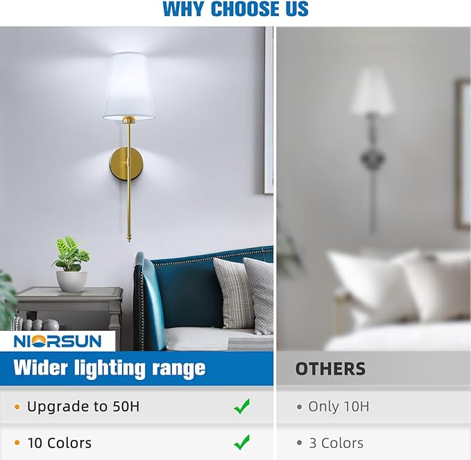 NIORSUN 25.4 inch Battery Operated Wall Sconce Set of 2,Gold Rechargeable Wall Lights with 5200mAh Dimmable Detachable Bulbs and Remote,9 Colors Wireless Sconces for Bedroom Living Room Hallway - Bloomnest