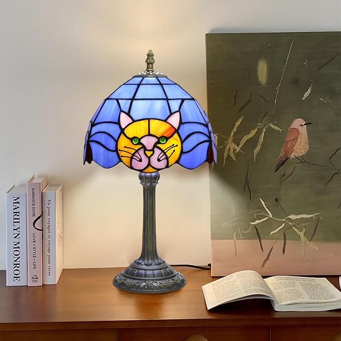 Tiffany Lamp Cat Stained Glass Table Lamp 8 Inch Orange Warm Ambient Lighting Bedroom Small Nightstand Dorm Cafe Office Corner Vintage Home Decoration Tiffany Style Table Lamp Blue cute Cat Lamp - Bloomnest