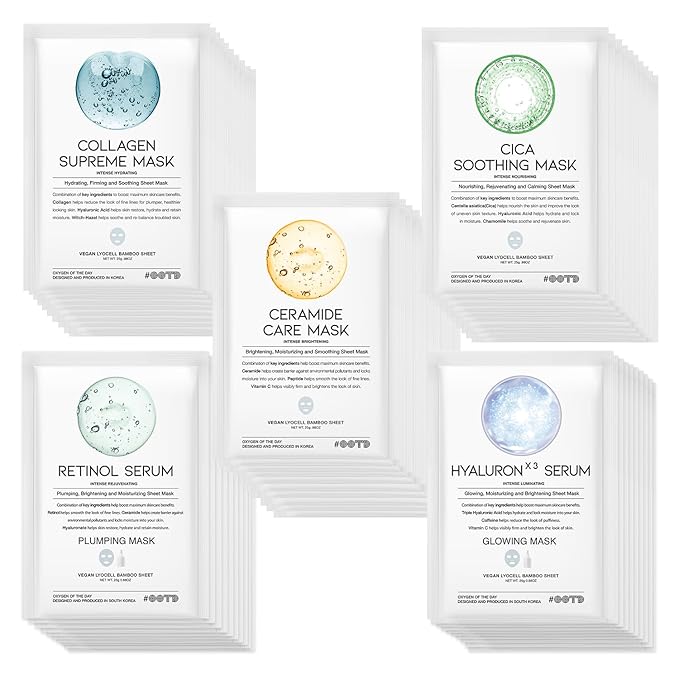 50Combo Korean Face Sheet Mask Gift Pack, Hydrating, Calming, Brightening, Smooting, Rejuvenating, EVE Vegan, Cica, Hyaluron, Retinol, Ceramide, Collagen - Bloomnest