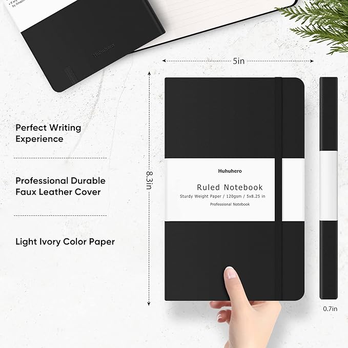 Huhuhero Lined Journal Notebook, 20 Pack Hardcover College Ruled Notebooks for Work School Note Taking, 120 Gsm Thick Paper Journals for Writing, Office School Supplies, 5"×8.25", Black - Bloomnest