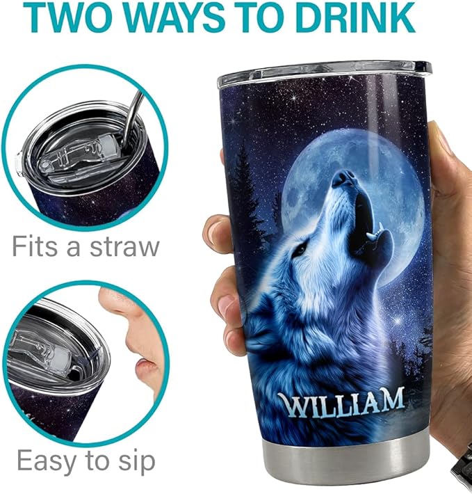 SANDJEST Personalized Wolf Tumbler with Customize Name 20oz 30oz Tumbler with Lid Gift for Woman Man Friend Inspired Gifts - Bloomnest
