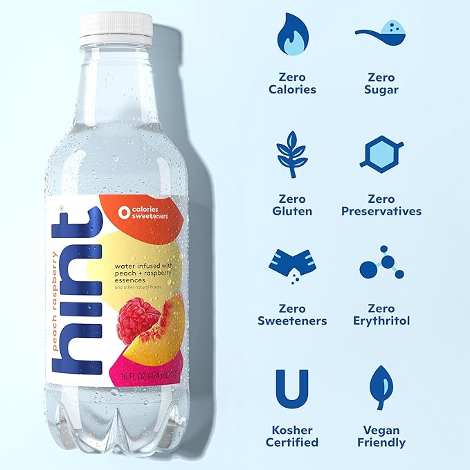 Hint Fruit-Infused Bottled Water, Peach Raspberry - Sugar Free Flavored Water with Zero Calories, Naturally Flavored, and No Artificial Sweeteners - 16 Fl Oz (Pack of 12) - Bloomnest