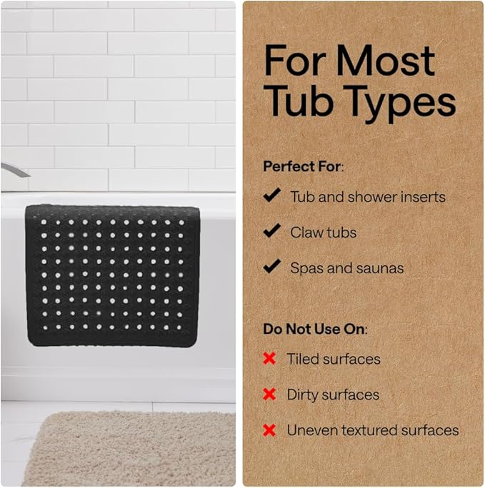 GORILLA GRIP Patented Bath Tub Shower Mat, Machine Washable Bathtub Floor Liner Mats, Suction Cups and Drain Holes to Keep Tubs Clean, Soft on Feet, Bathroom Essentials, 35x16 Inch, Black - Bloomnest